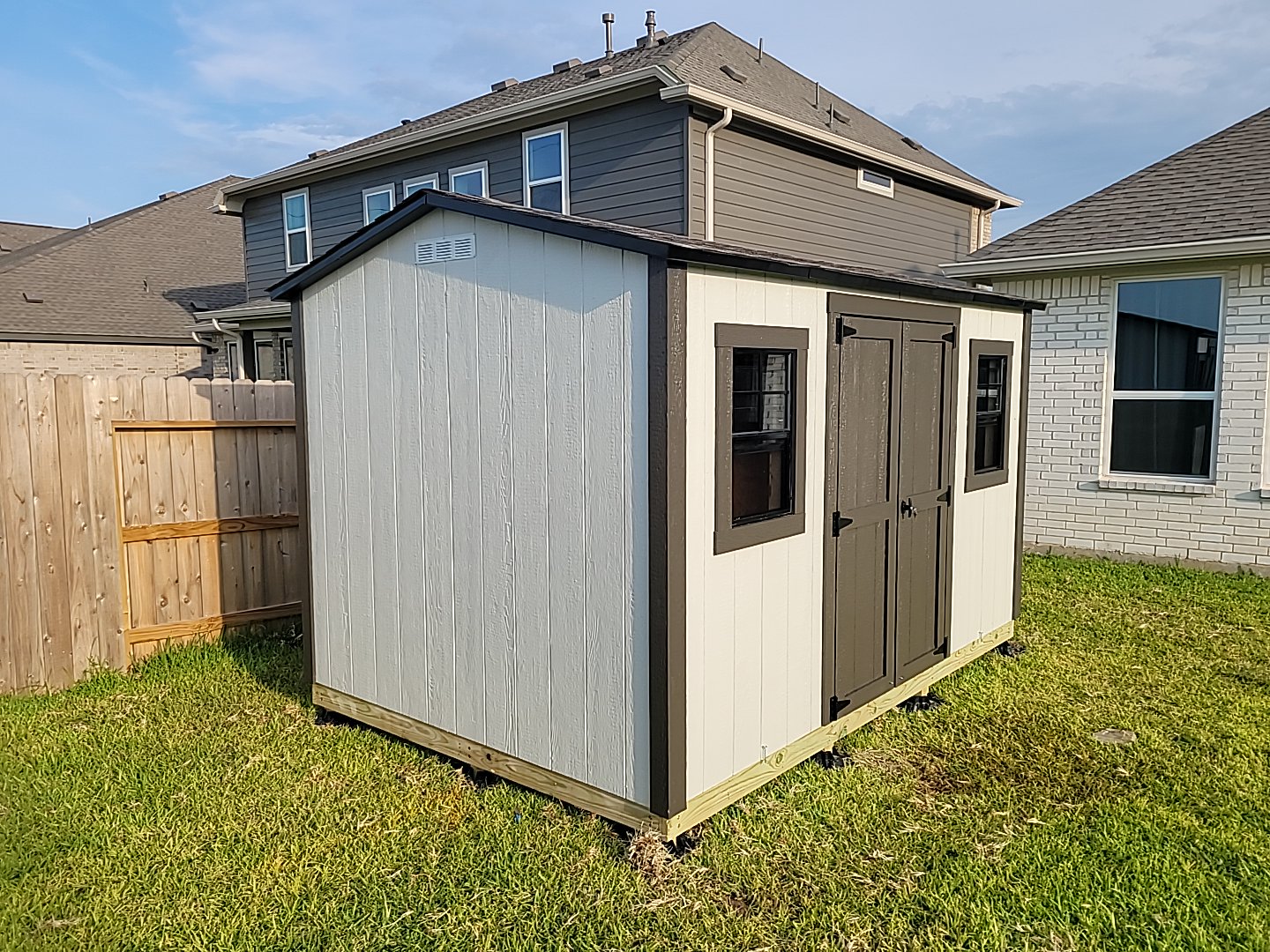 angled view of 8 x 12 storage shed in Katy